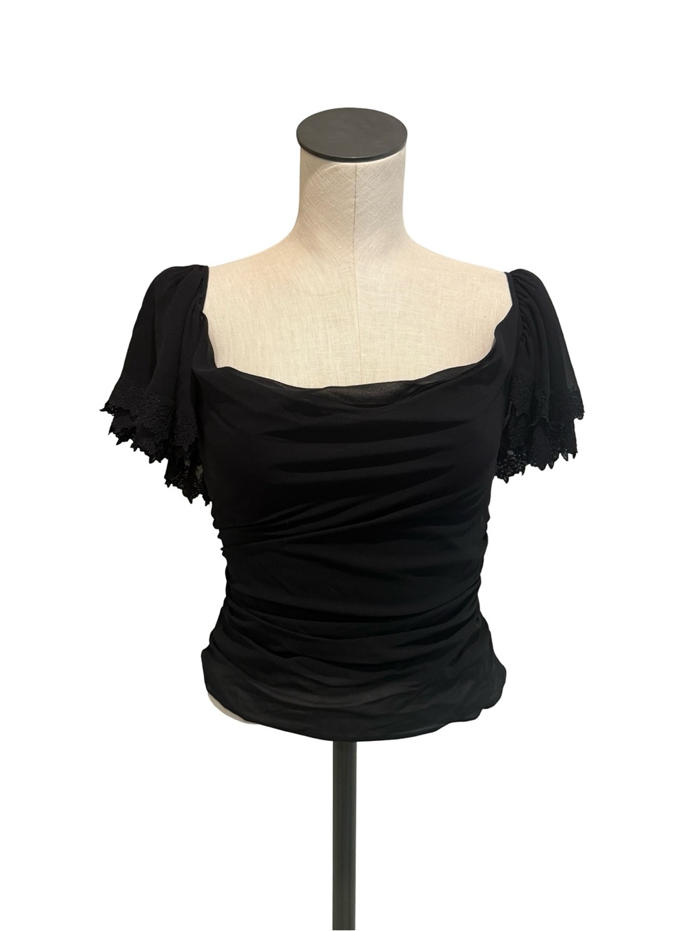 Black Ruched Off-Shoulder Top with Lace Trim Sleeves
